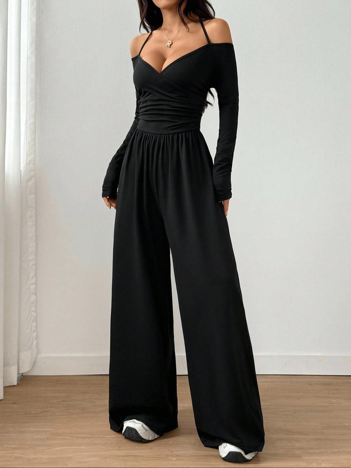 Women's Casual Solid Color Ruched Wide Leg Jumpsuit with Halter-Neck, Stylish and Comfortable Jumpsuit for Daily Wear
