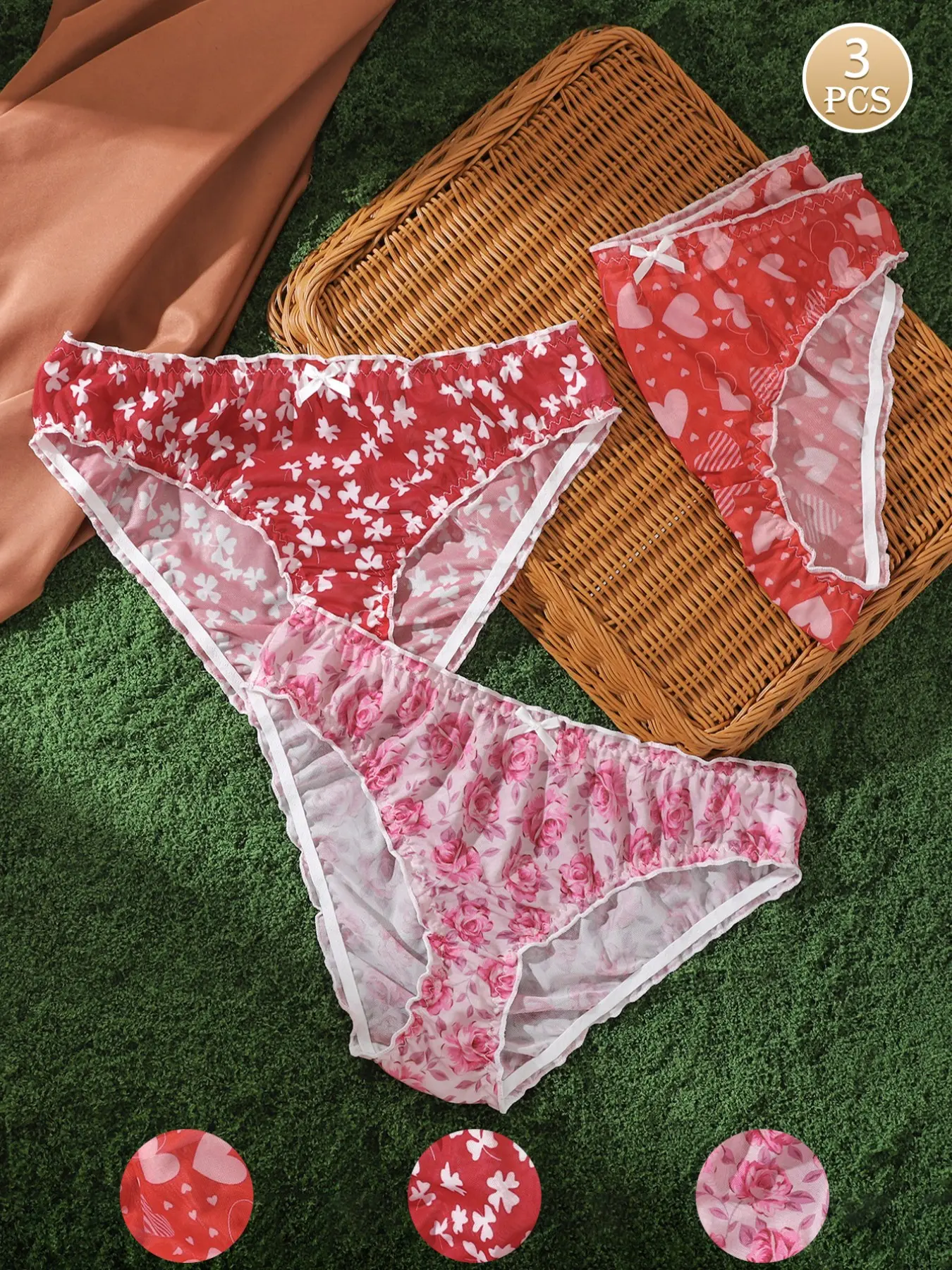 3-Pack Floral Mesh Girl Thong Underwear, Ruffle Bow Lightweight Sheer Sweet Lingerie Shorts, Feminine Design for Teens & Young Women
