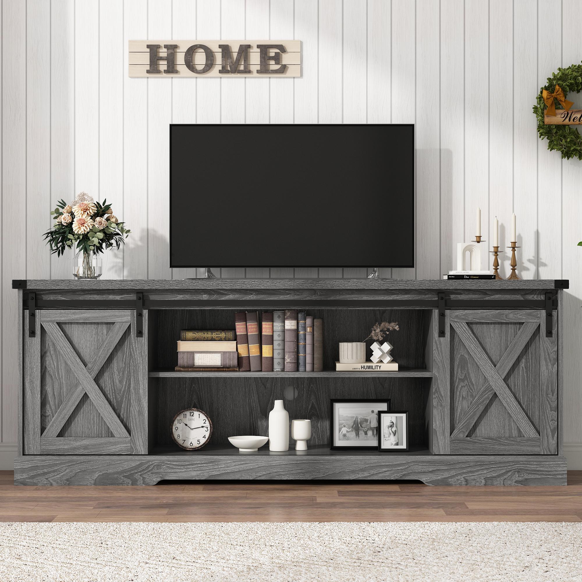 Farmhouse TV Stand for 70/75/80 Inch TV, 58/70 inch Entertainment Center Storage Cabinets with Sliding Barn Doors, Media Console Cabinet for Living Room, White/Grey/black