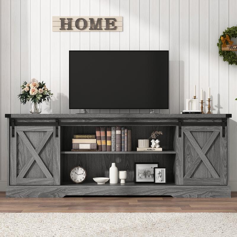 Farmhouse TV Stand for 70/75/80 Inch TV, 58/70 inch Entertainment Center Storage Cabinets with Sliding Barn Doors, Media Console Cabinet for Living Room, White/Grey/black