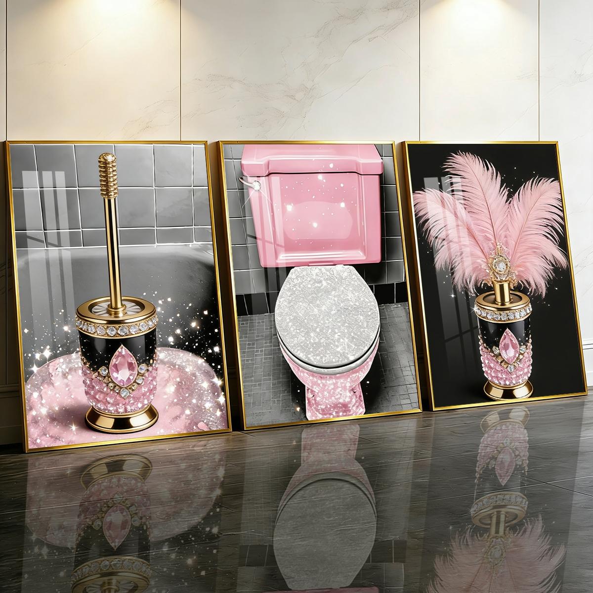 3 Counts Aluminum Alloy Framed Painting, Luxury Pink Diamond Feather Toilet Brush Set Pictures, Home Decoration For Living Room, Bedroom, Office, Restaurant, Hallway Wall Decor, Odorless Print Artwork, Luxury Perfect Gift For Friends And Family