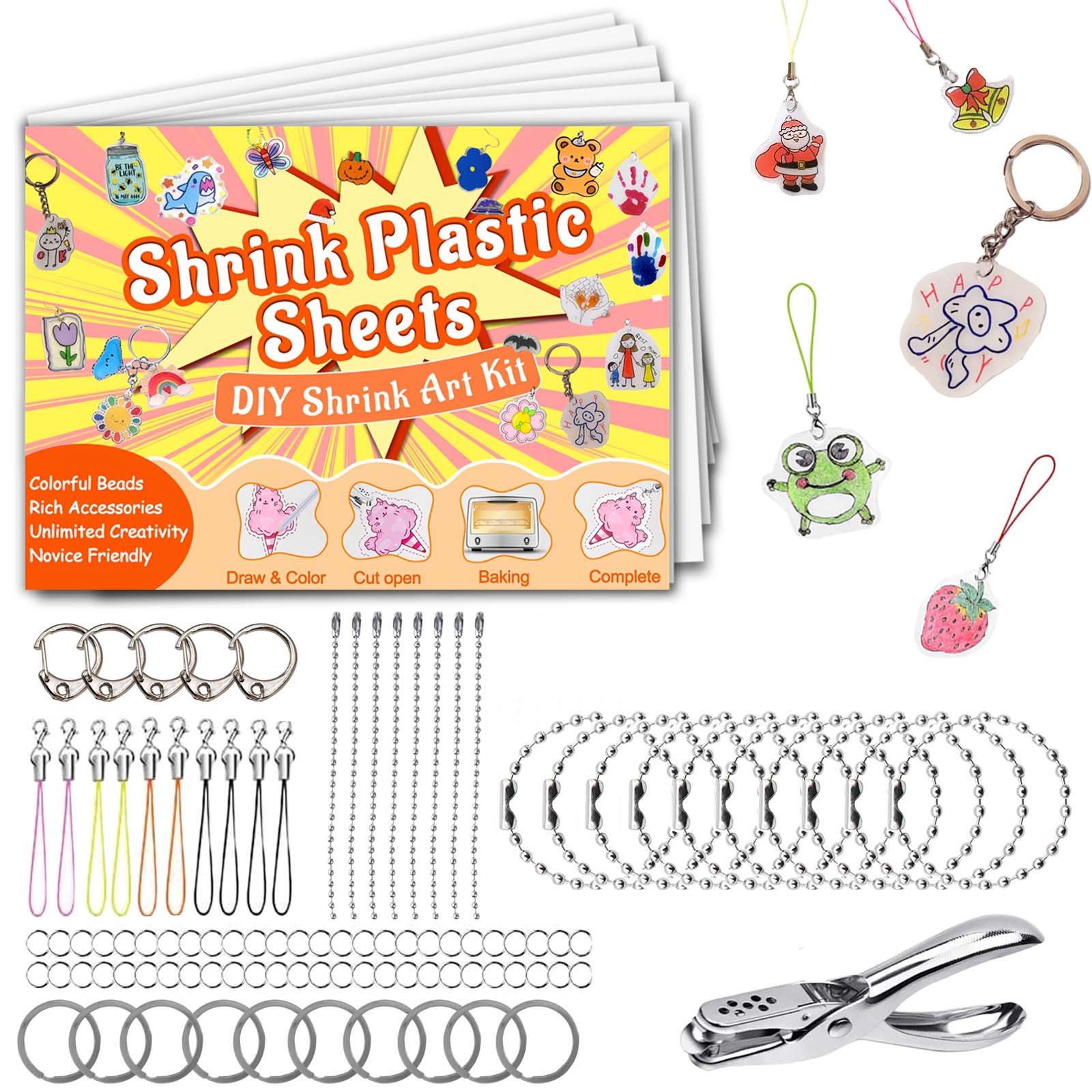 184pcs/200pcs Shrink Plastic Sheet Kit with Keychain Set, Key Accessories, 176pcs Keychains and Open Iron Rings, Handmade DIY Craft, Beginners, Christmas Gift #GLOBAL PICKS