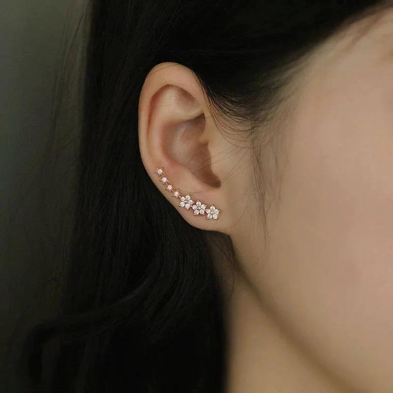 Korean Shiny Zircon Star Flower Climbing Earrings for Women Exquisite Sliver Color Crystal Statement Earrings Jewelry Gifts