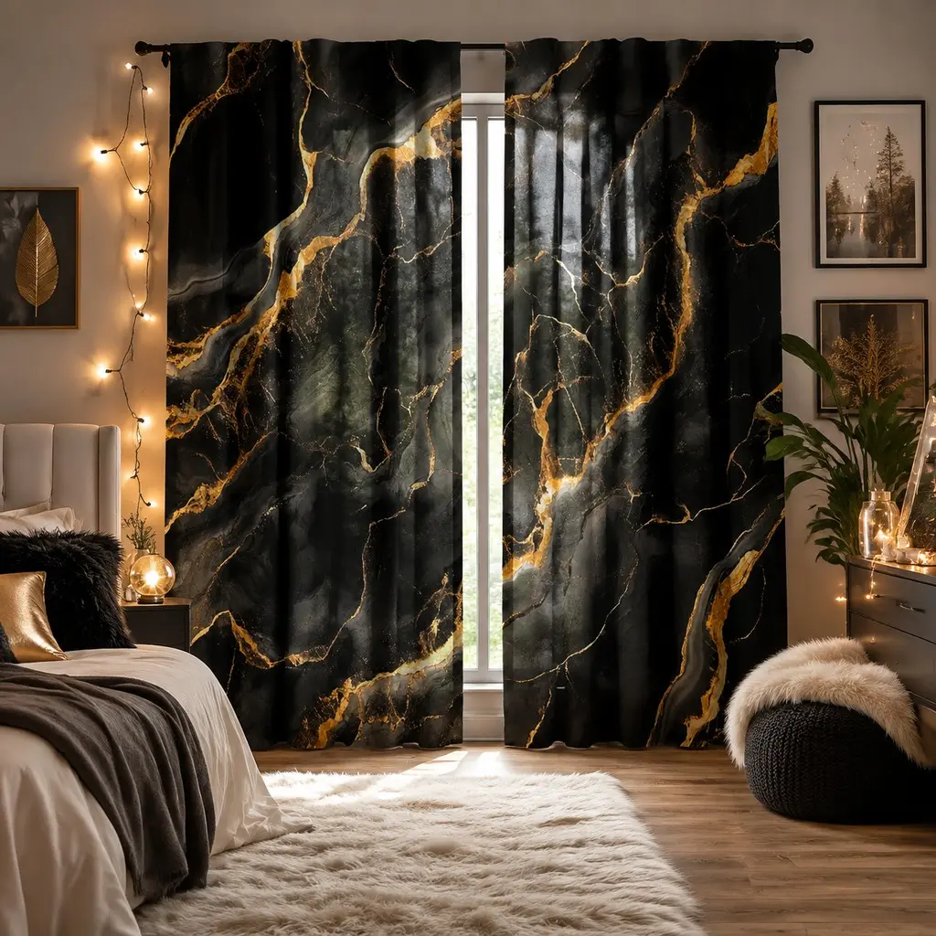 2pcs black gold marble patterned curtains, smooth line design, modern living room, bedroom, dining room, kitchen, study decoration curtains, 2D printed semi blackout thin polyester fabric curtains
