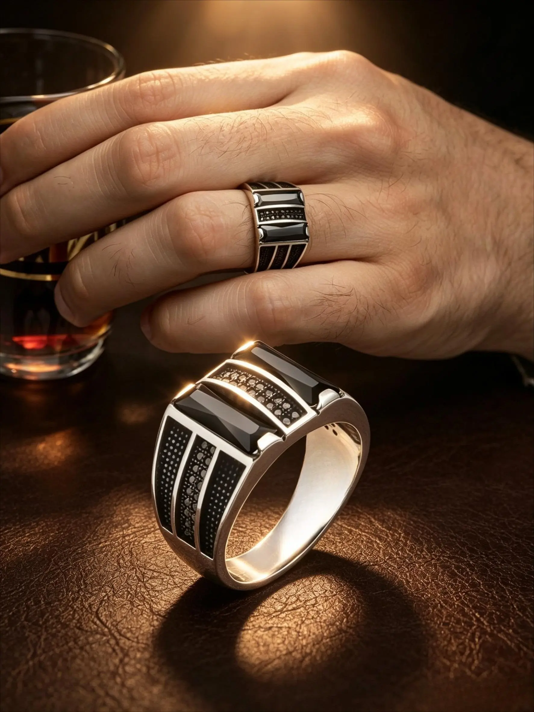 Rectangle Black Onyx Pave Black CZ Men Signet Ring, Stainless Steel Silver Wide Band, Tarnish Resistant Hypoallergenic Gothic Biker Statement Jewelry Gift For Him