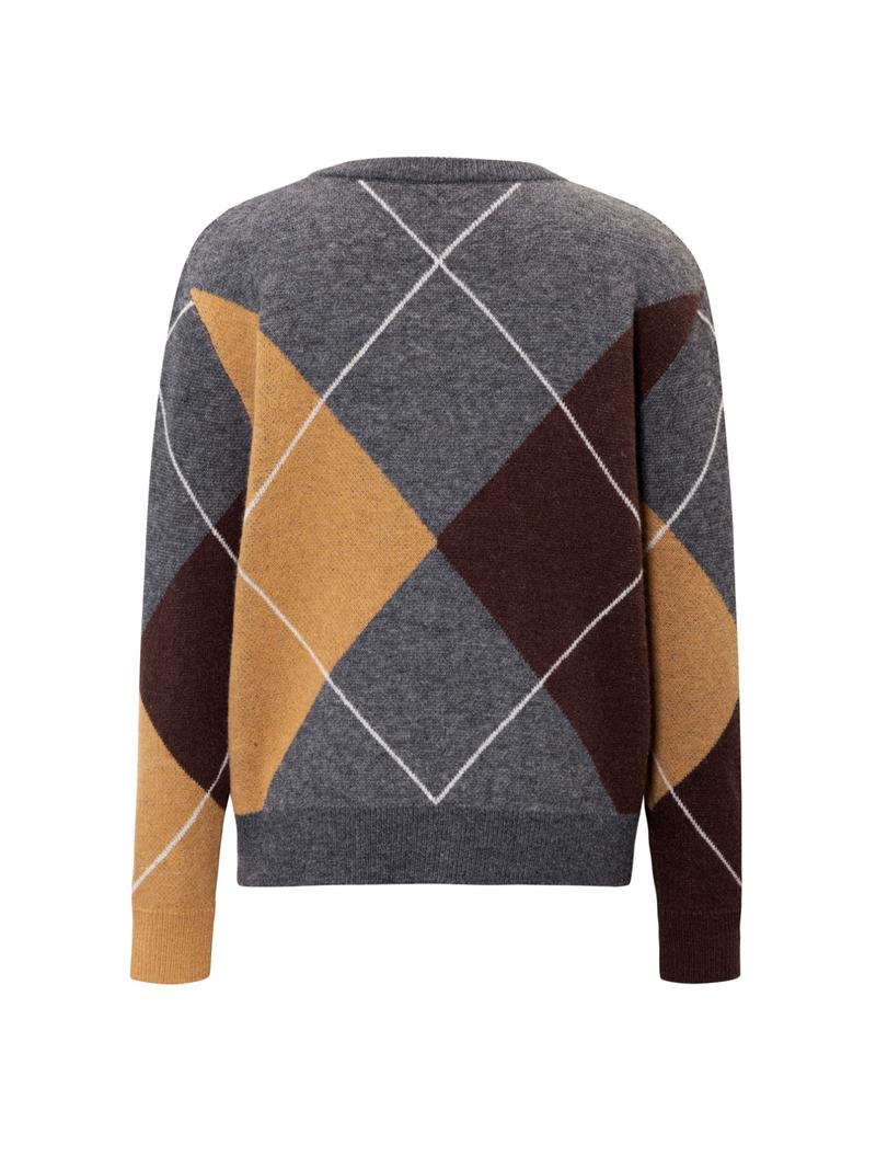 Fashion Casual Argyle Knit V-Neck Loose Long Sleeve Sweater, Fitted Short Style for Fall, Women's Comfortable Pullover