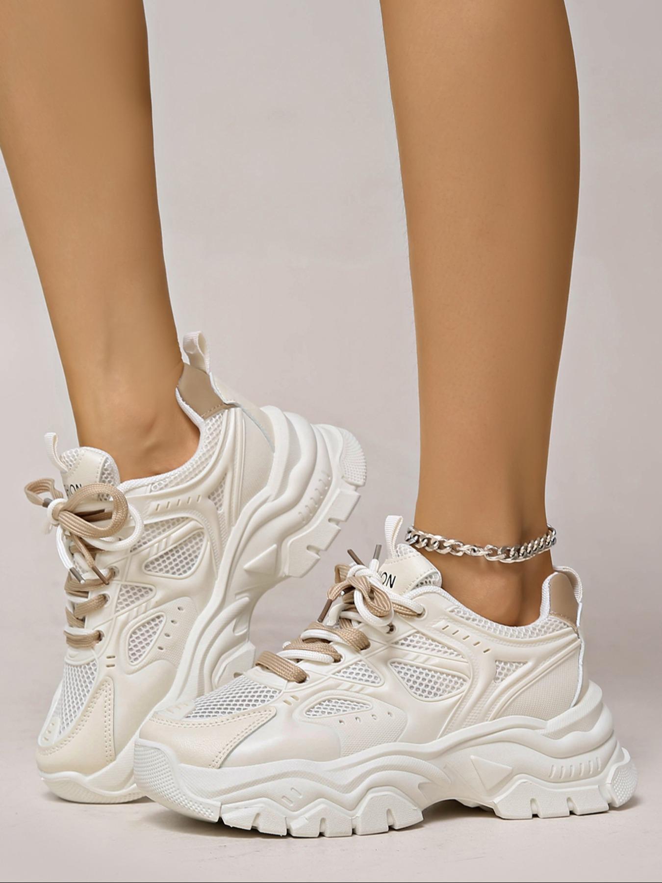 Thick Sole Casual Shoes, Flat Mesh Sneakers, All Seasons Round Toe Lace-Up Dad Shoes, Sizes 36-41 Available