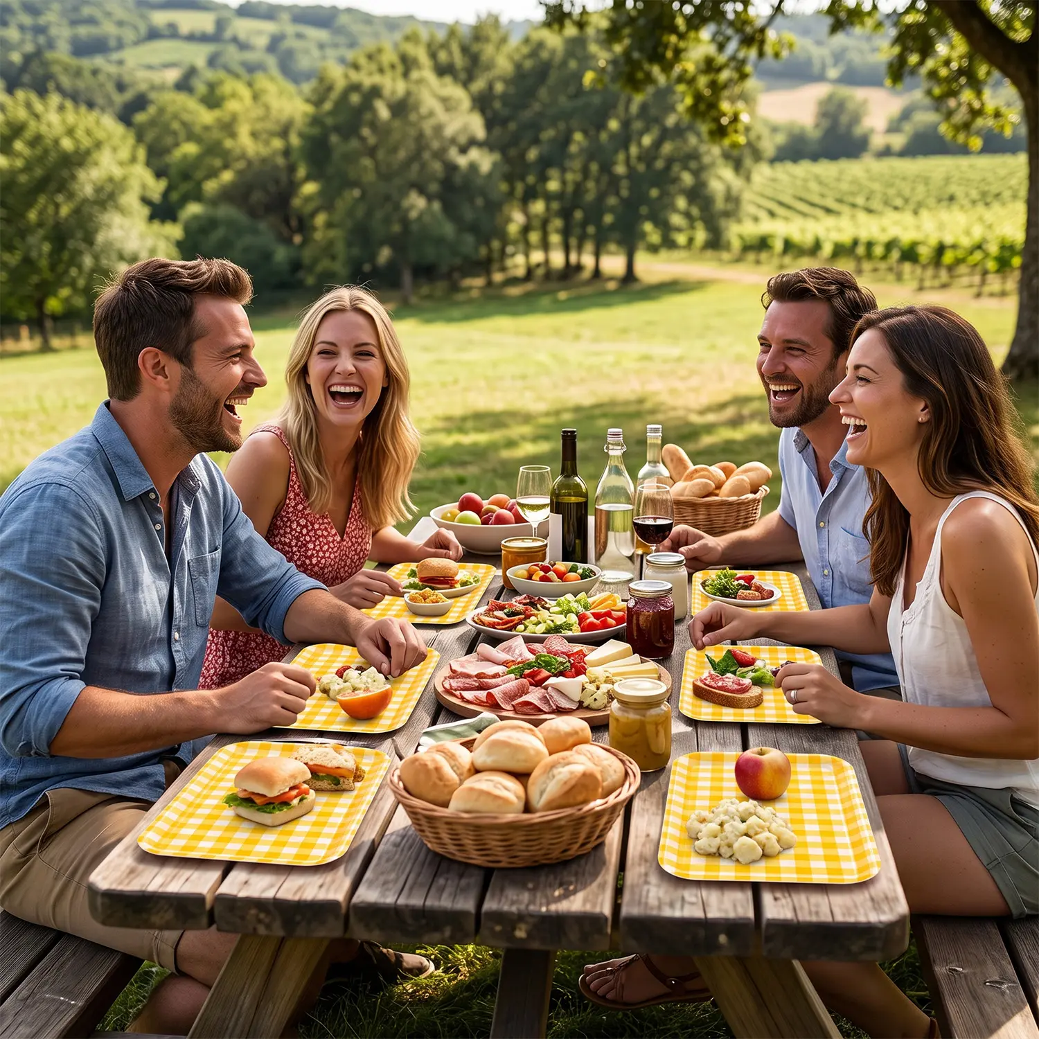 6 Pcs Yellow Gingham Melamine Serving Trays – Rectangular Reusable Plastic Platters for Picnic Party & Kitchen, Dishwasher-Safe - 6pcs