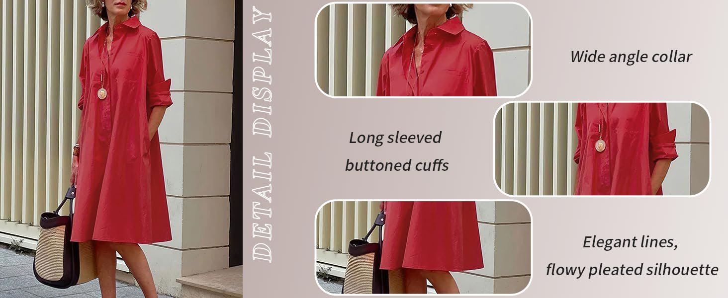 Chouyatou women's spring and summer loose long-sleeved solid color dress casual cotton button-down mid-length shirt dress Chouyatou women's spring and summer loose long-sleeved solid color dress casual cotton button-down mid-length shirt dress
