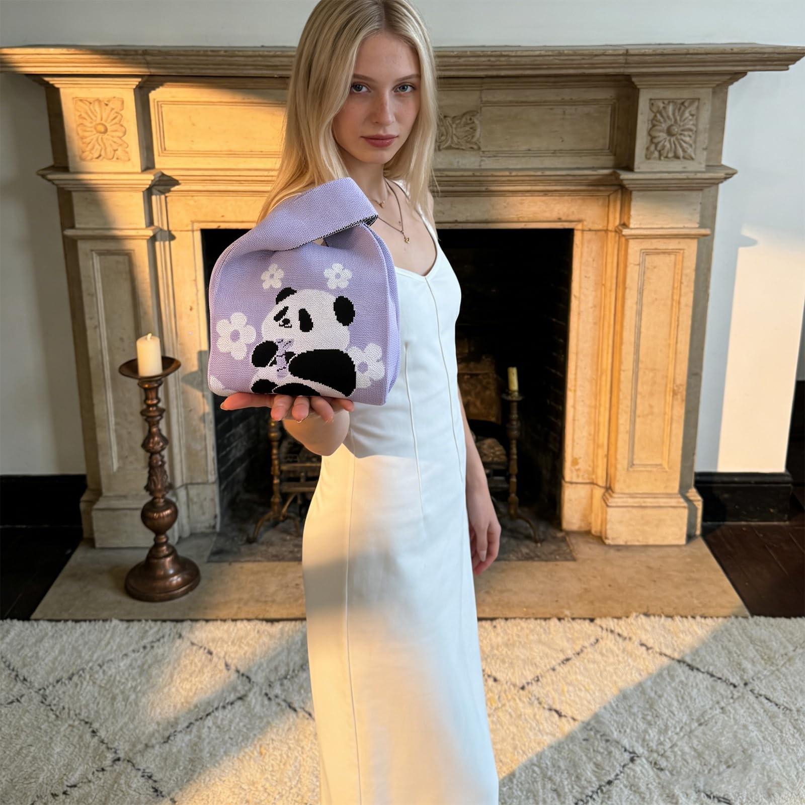 Cute Panda Pattern Handbag, Durable and Fashionable Knit Bag, Suitable for Women, Beach Bag, Makeup Bag, Crochet Bag