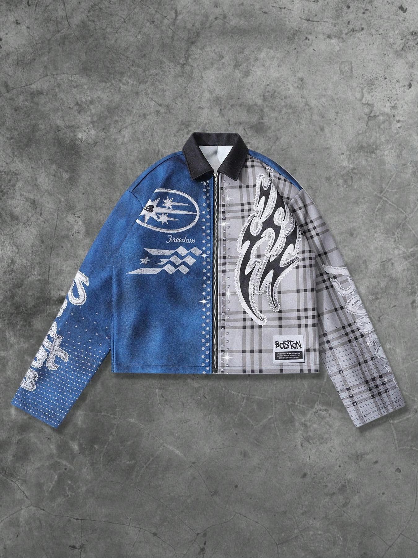 Men's Patchwork Flame Plaid Jacket, Streetwear Trendy Outerwear, Unique Sparkle Design, Ideal for Street Style, Outdoor, Daily Wear