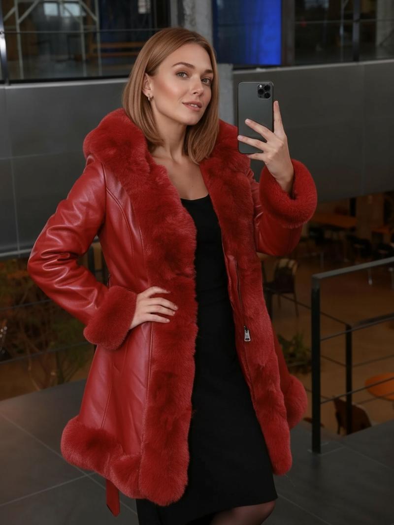 Women's Fall Winter PU Jacket, Long Sleeve Fitted Coat with Hood, Casual Warm Daily Wear, Detachable Belt Included Women's Fall Winter PU Jacket, Long Sleeve Fitted Coat with Hood, Casual Warm Daily Wear, Detachable Belt Included