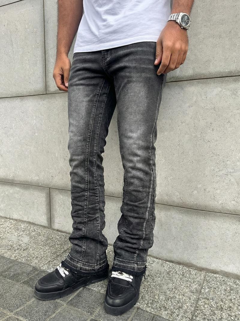 Men's Deep Washed Vintage Slim Fit Bell Bottom Jeans, Trendy Versatile Rock American Streetwear Denim Jeans