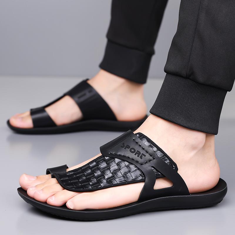 Men's Summer New Sandals, Letter Print Straw Texture, Trendy Anti-Slip Thin Sole, Casual Beach Shoes, Fashionable and Comfortable