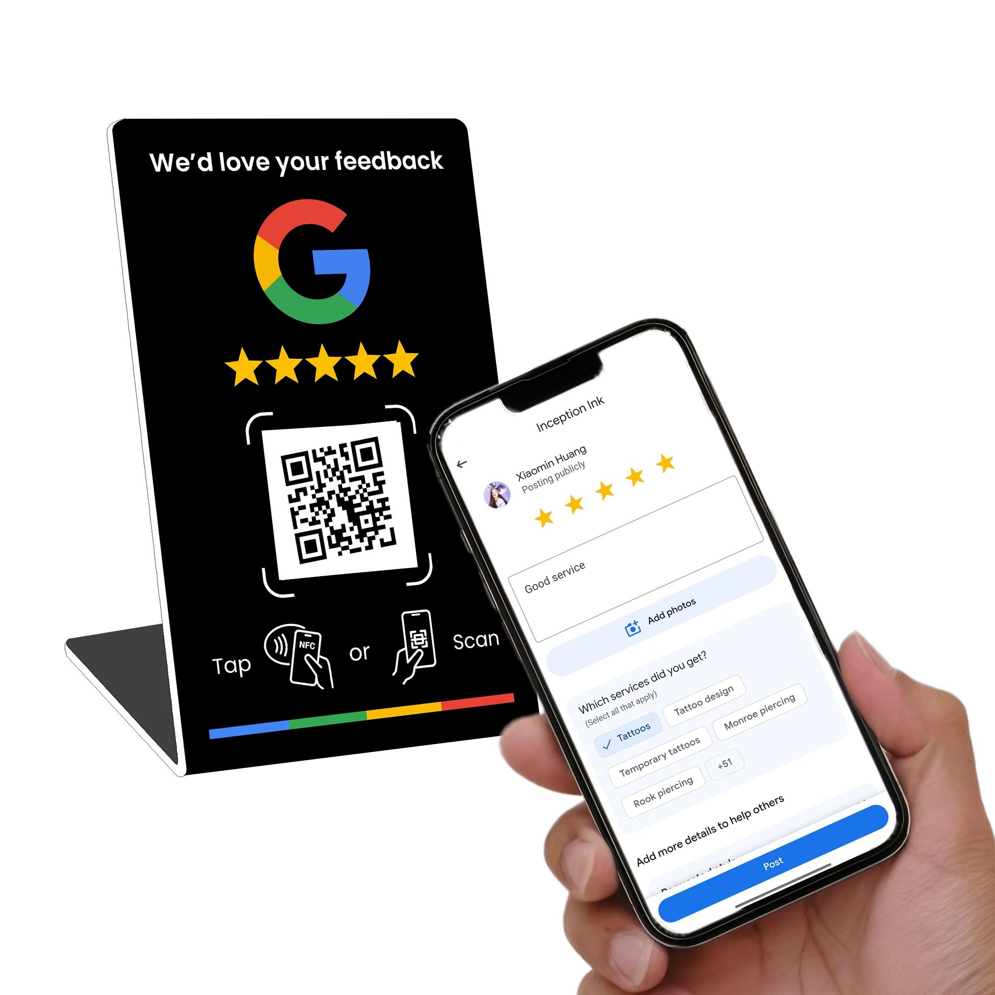 Review Business Stand for Google, NFC Tap & Dynamic QR Code, Easy Setup with Review Link Management, No APP Required, Review Us On Google , Review Sign,five-star rating  for  NFC Rating Card Stand, Flexible Design, Office Desk Accessories