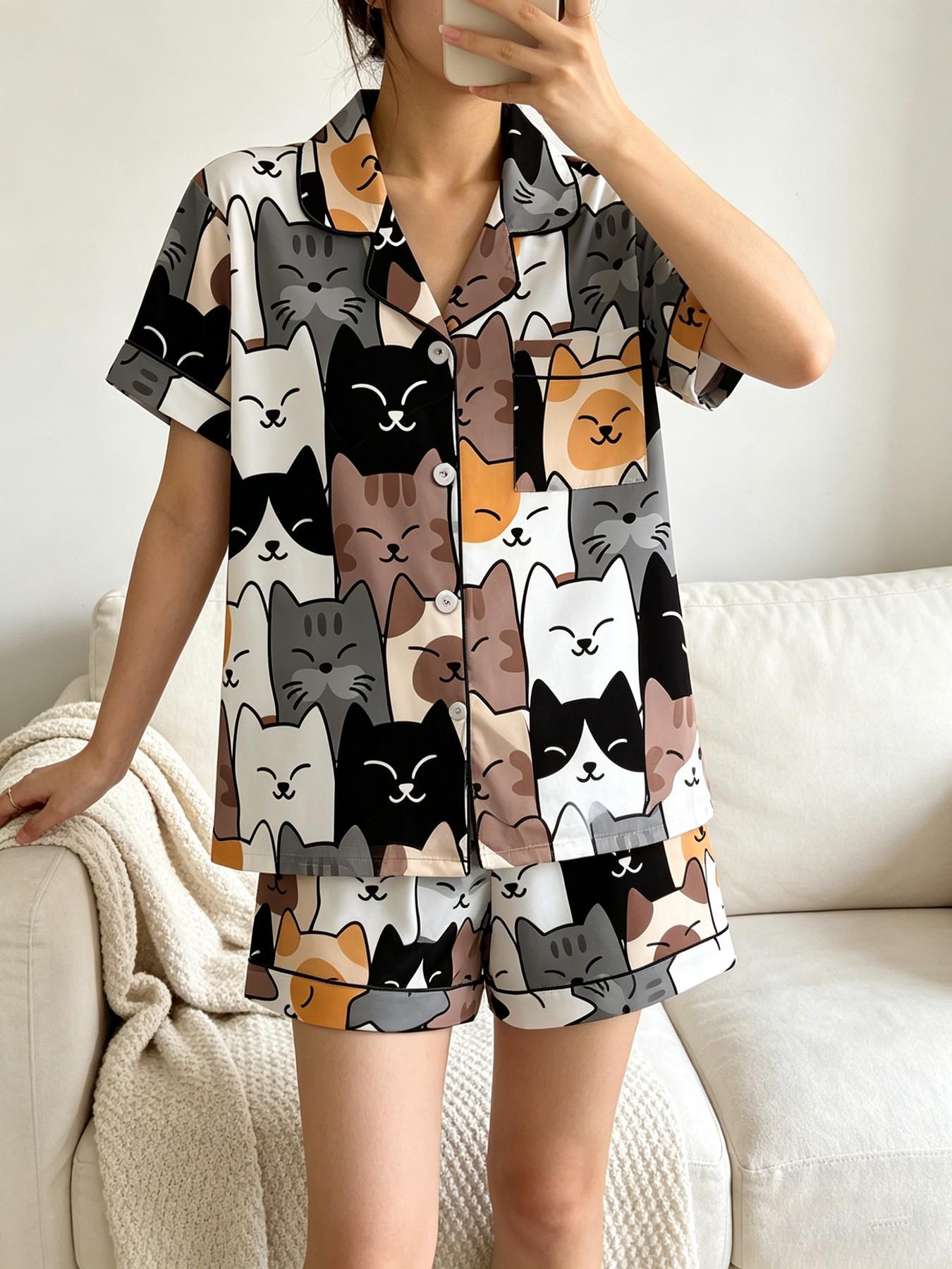 Women's Short Sleeve Button Down Top and Shorts Pajama Set, Spring Summer Wear, For Japanese Kawaii Soft Girls, White Base Soft Cat Head Print, Small Lapel Collar, Slim Fit No Bulk, Comfortable For Daily Home Wear