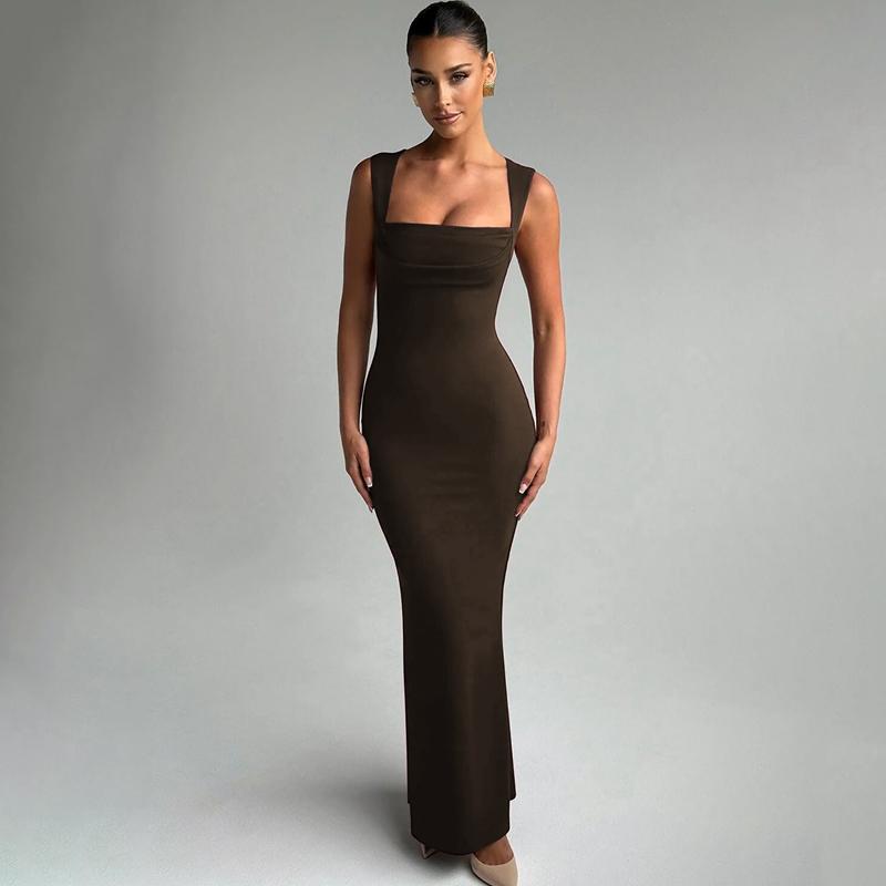 Women's Solid Color Square Neck Bodycon Tank Dress, Elegant Sleeveless Long Dress for Party Club Night Out Holiday Evening, Ladies Summer Clothes