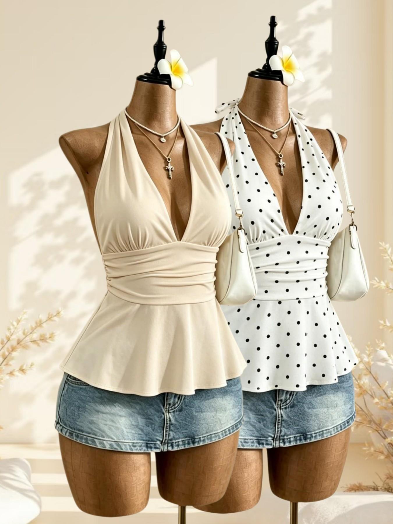Vintage Sweet Cool Polka Dot Halter Sleeveless Top, Deep V Waist Slimming Ruffle Sexy Shirt, Two Pieces Set, Casual All Seasons Wear Fit