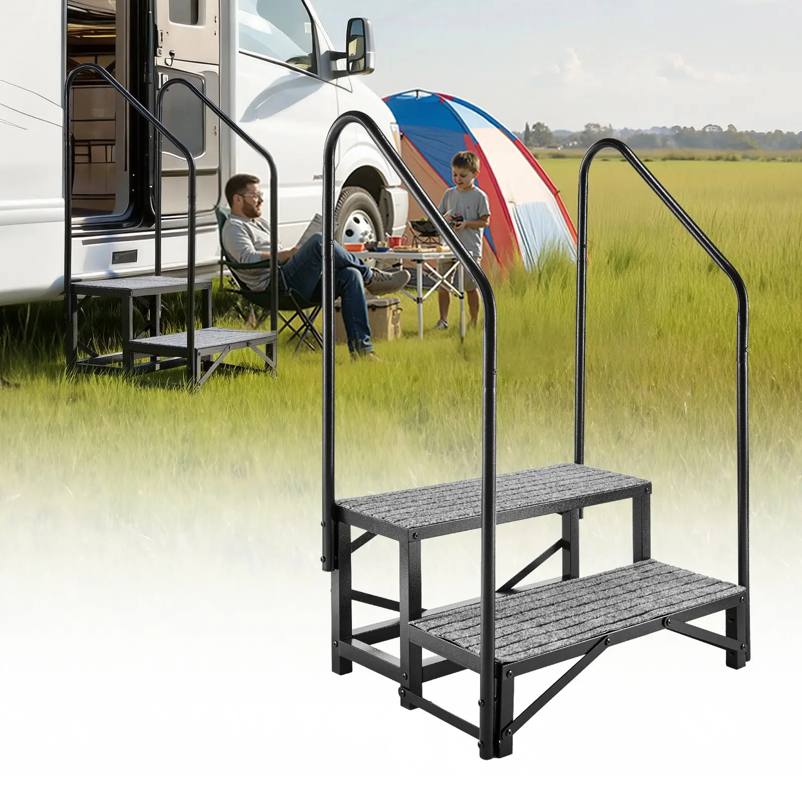 VEVOR RV Steps with Dual Handrails, 2 Steps, 660 lbs Load Capacity, Heavy Duty Outdoor RV Stairs with Non-Slip Mat for Elderly/Pets, Portable Stairs for Hot Tub, Camper, Mobile Home, Porch, Pool, SPA