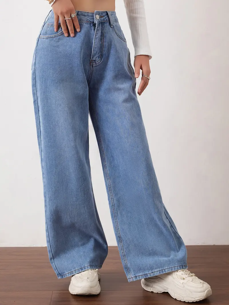 High Waist Wide Leg Jeans for Women, Light Blue Washed Fitted Denim Jeans, All Seasons, Casual Street Style, Comfortable and Stylish