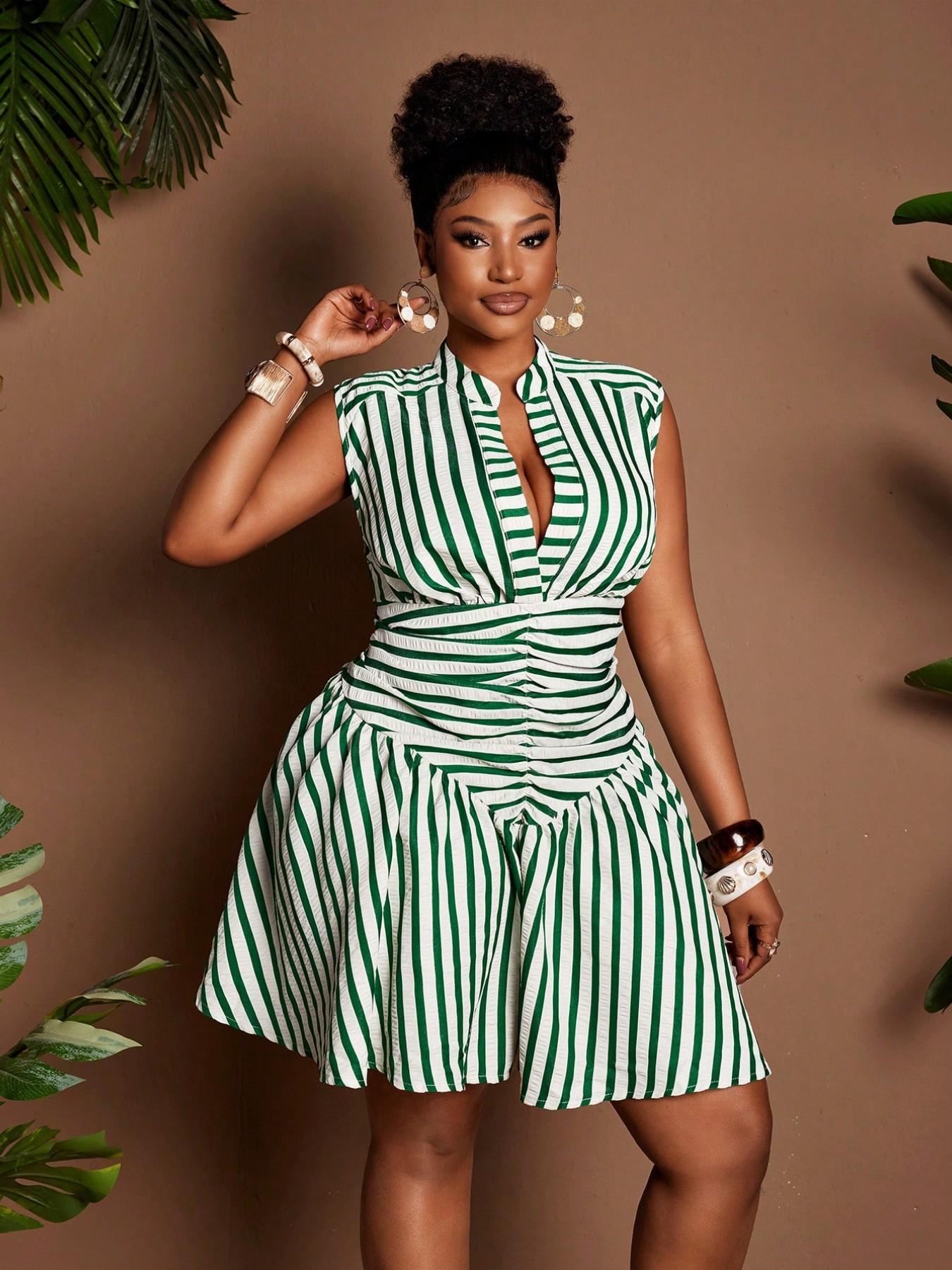Plus Size Women's Striped Notched Neck Sleeveless Dress, Waist Cinched A-Line Short Dress, Summer Casual Fashion, Casual Wear Plus Size Women's Striped Notched Neck Sleeveless Dress, Waist Cinched A-Line Short Dress, Summer Casual Fashion, Casual Wear