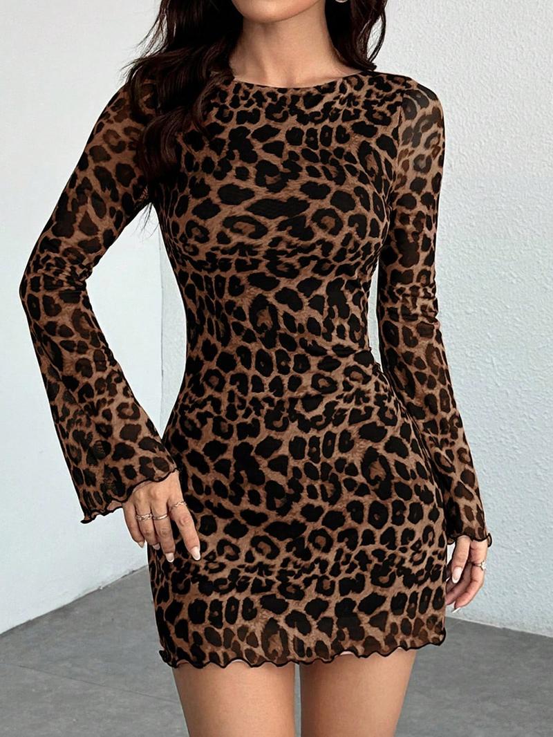 Aliling Women's Leopard Print Patchwork Dress, Round Neck Long Sleeve ...