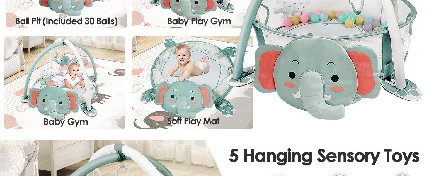 4-in-1 Baby Play Mat Baby Gym,Tummy Time Mat for Floor Activity Gym Ball Pit Including 30 Balls with 5 Infant Learning Sensory Baby Toys for Newborn Toddler Boy & Girl Gifts(Elephant)