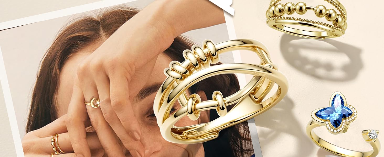 9 Pcs Fidget Anxiety Relief Rings for Women & Men, Spinner Ring Set with Cz Flower Moon Star Design, Adjustable Anti-Rotatable Jewelry Gift