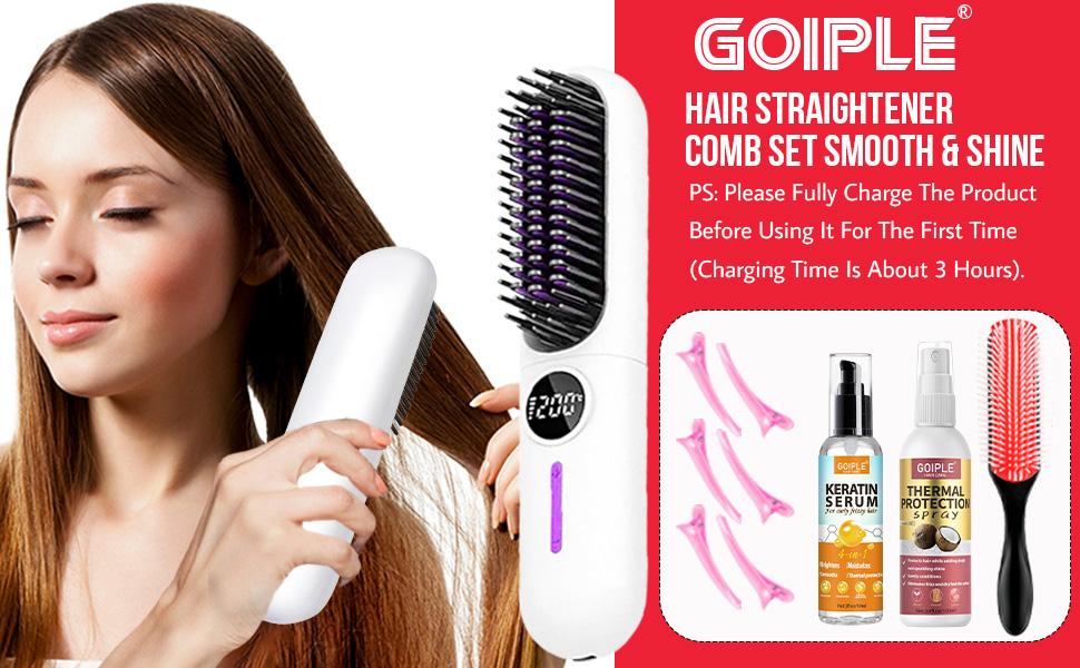 10 Count Wireless Hair Straightening Comb Kit Portable Fast Heat Adjustable Thermal Brush Cordless Straightener Heated Curler Lightweight