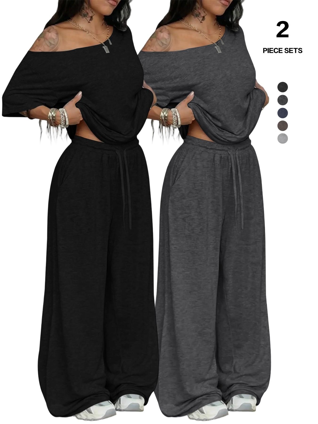 Women's 2-Piece Lounge Set, Off-Shoulder Oversized Top & Wide-Leg Pants, Soft Comfortable Drawstring Loungewear for All Seasons