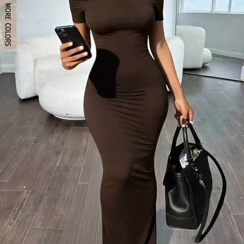 Elegant One-Shoulder Short Sleeve Dress, Bodycon Waist Cinched Ruched Bodycon Long Skirt, Perfect for Daily Wear, Dates, Street Style, Casual