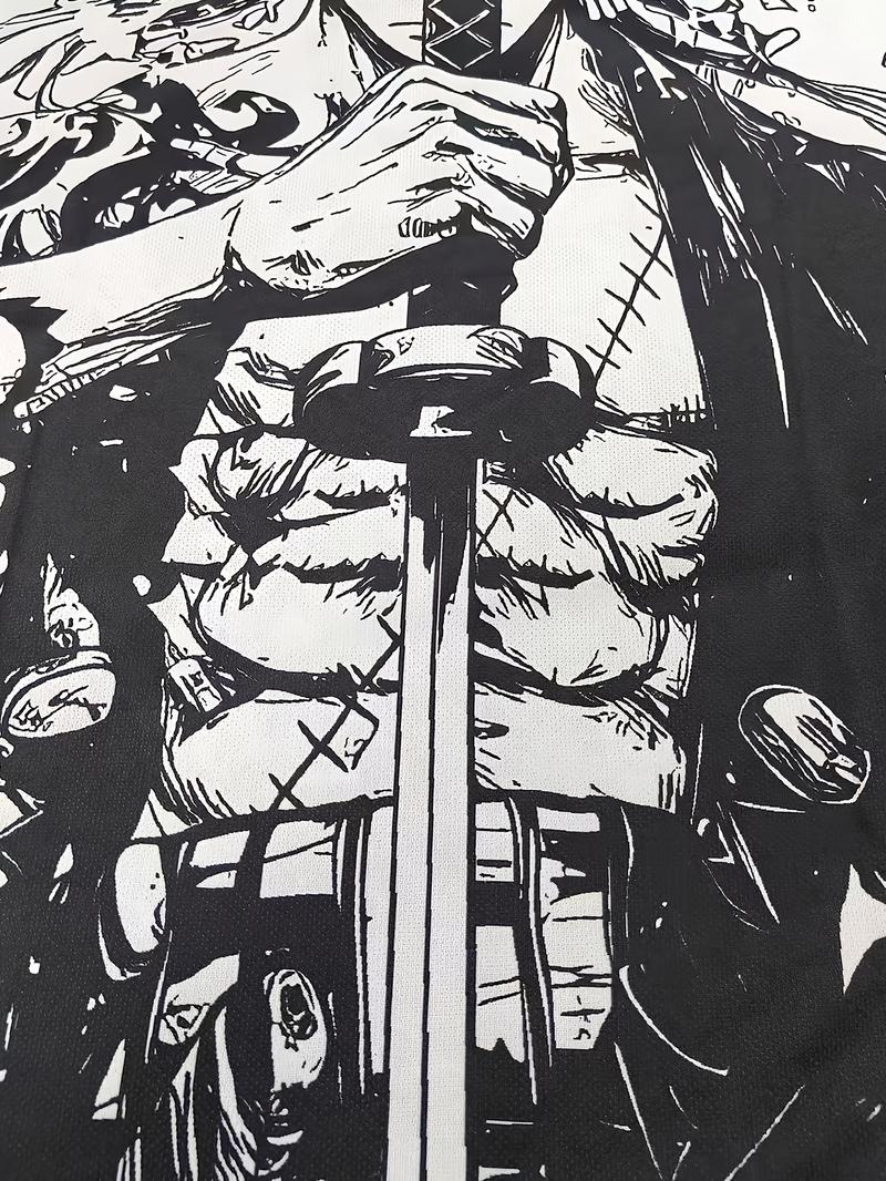 Japanese Anime Men's Football Jersey & Samurai Pattern Round Neck Comfortable Sports Top, Fitness Top, Sweat-Wicking Knit Fabric, Casual Wear