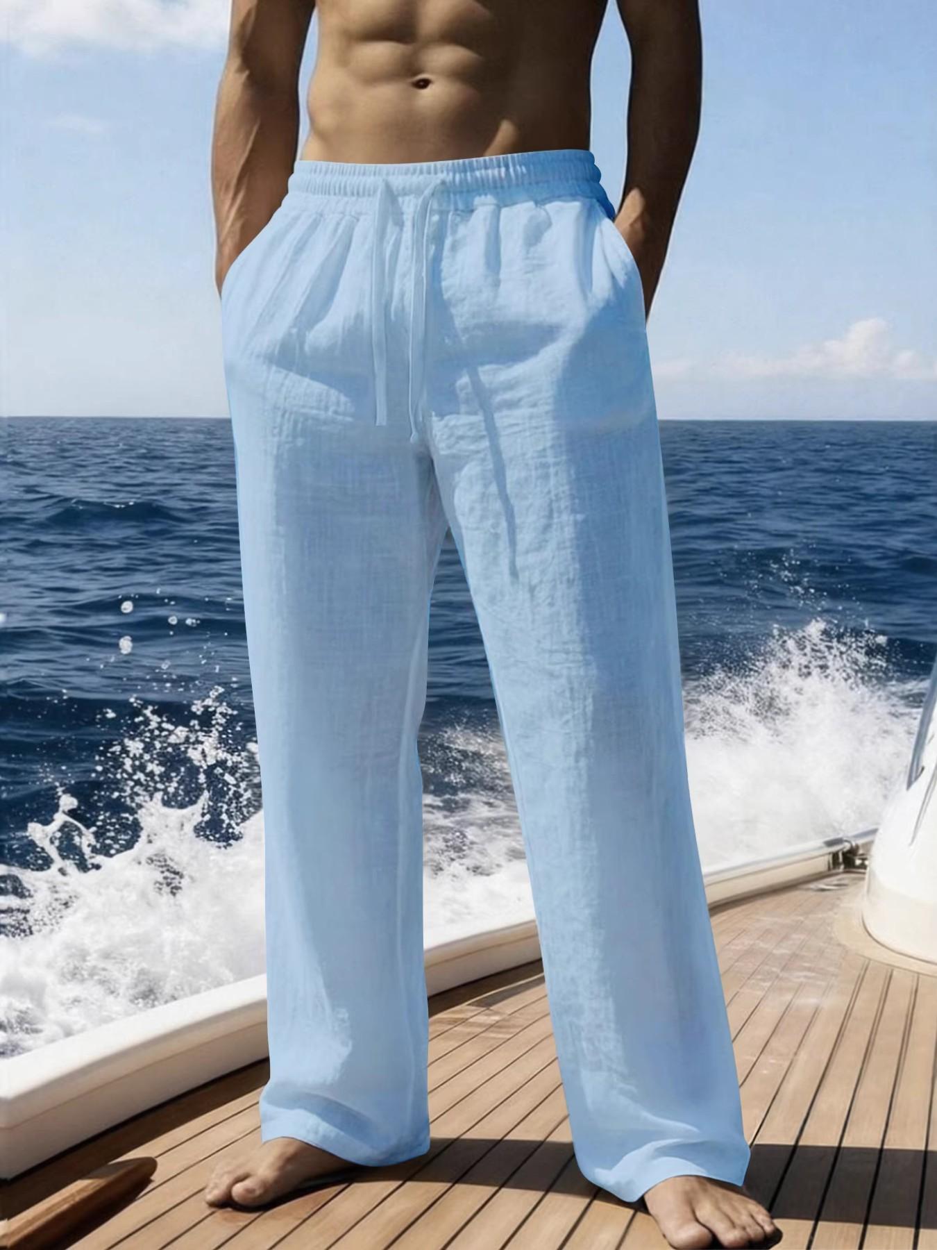 Men's Summer Straight Leg Linen Pants, Casual Sporty Island Vacation Style, Regular Fit Basic Design, Men's Clothing