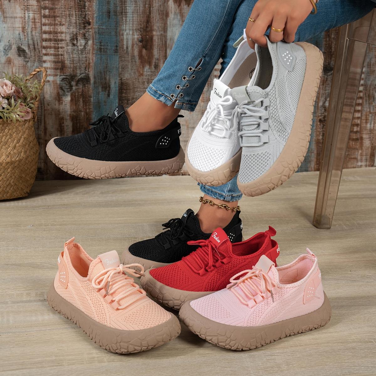 Women's Fashion Comfortable Plain Color Flyknit Shoes, Breathable Mesh Fabric, Thick Rubber Sole, Loose Fit, Casual Outdoor Shoes, Summer Casual Shoes, Summer Walking Shoes