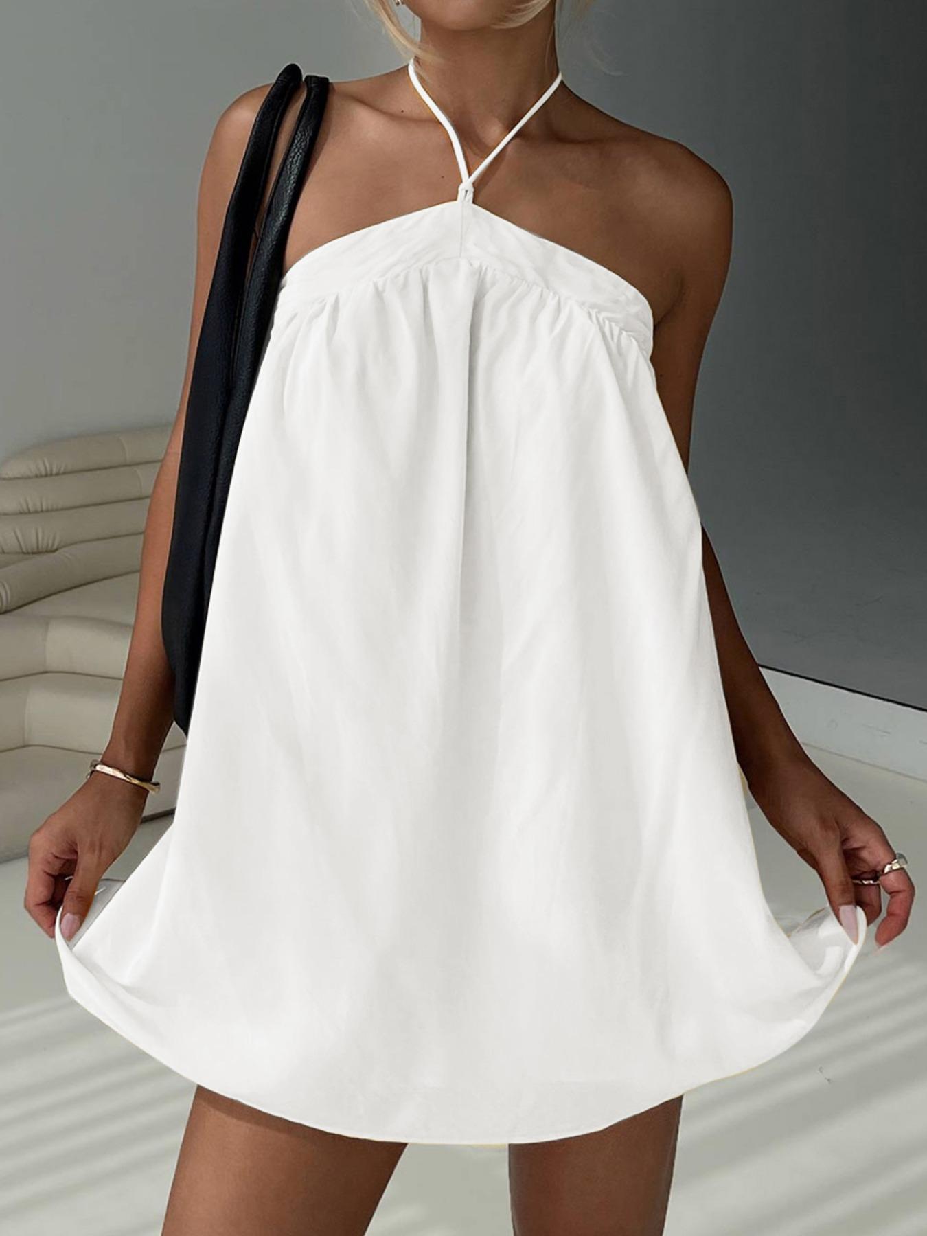 Women's Solid Color Halter Neck Tie Shoulder Cami Dress, Halter Strap Dress, Casual Sleeveless A Line Dress for Summer, Ladies Clothes for Beach Holiday