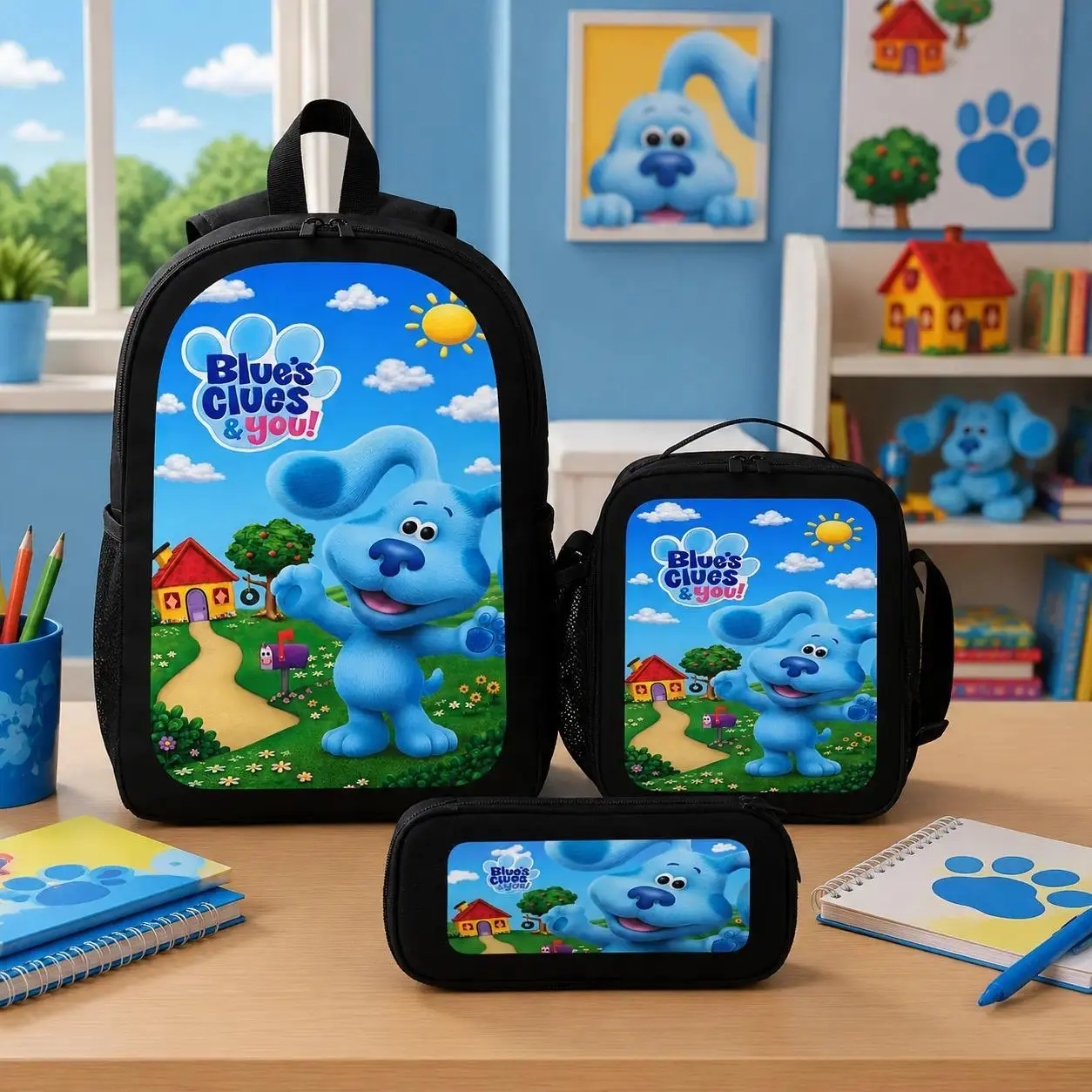 Blues Clues Backpack Set 3PCS Backpack Lunch Bag Pencil Case Cartoon School Bag Lightweight Travel Daypack Bookbag for Boys Girls Preschool Students Back To School Gift Cute TikTok Viral Backpack Bundle Daily Carry Bag