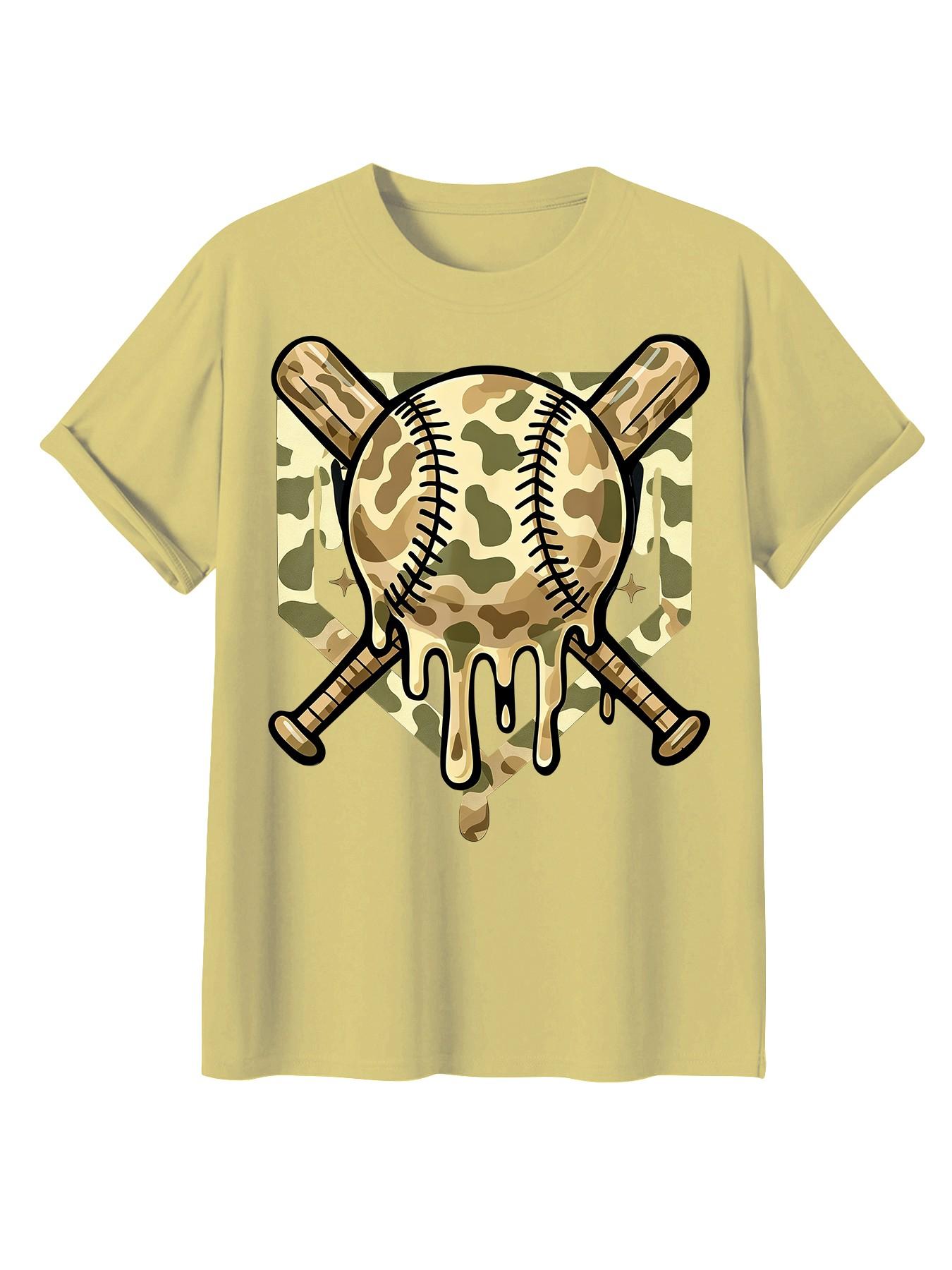 Baseball Style Ice Cream Drip Color Boy Pattern Camo T-Shirt, Fashion Casual Clothing, Ideal Gift for Sports Enthusiasts & Teens
