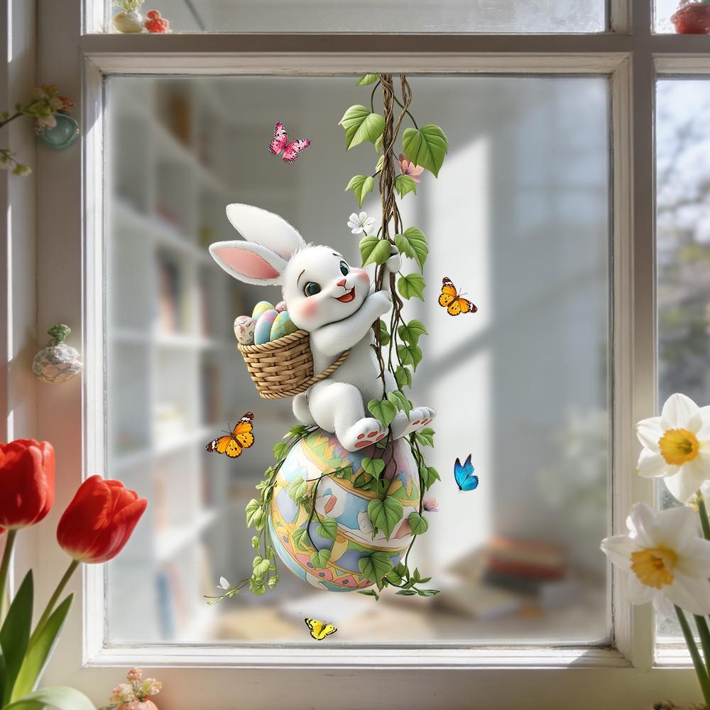 Easter Bunny Swing Egg Static Transparent Glass Film, Waterproof Removable PVC, Festival Decor for Home Shop Outdoor Party