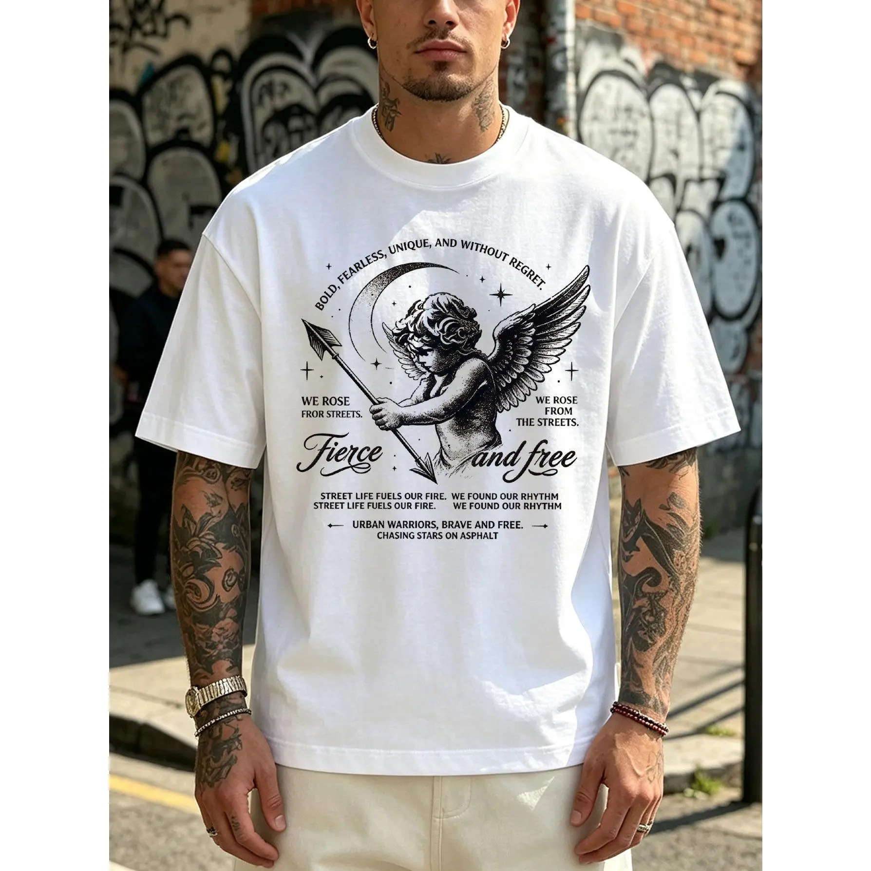 Men's Vintage Cupid Bold Graphics Menswear Short-Sleeve Top, Retro Streetwear Relaxed Fit Round Neck Cotton Tee, All Seasons Casual Sports Top