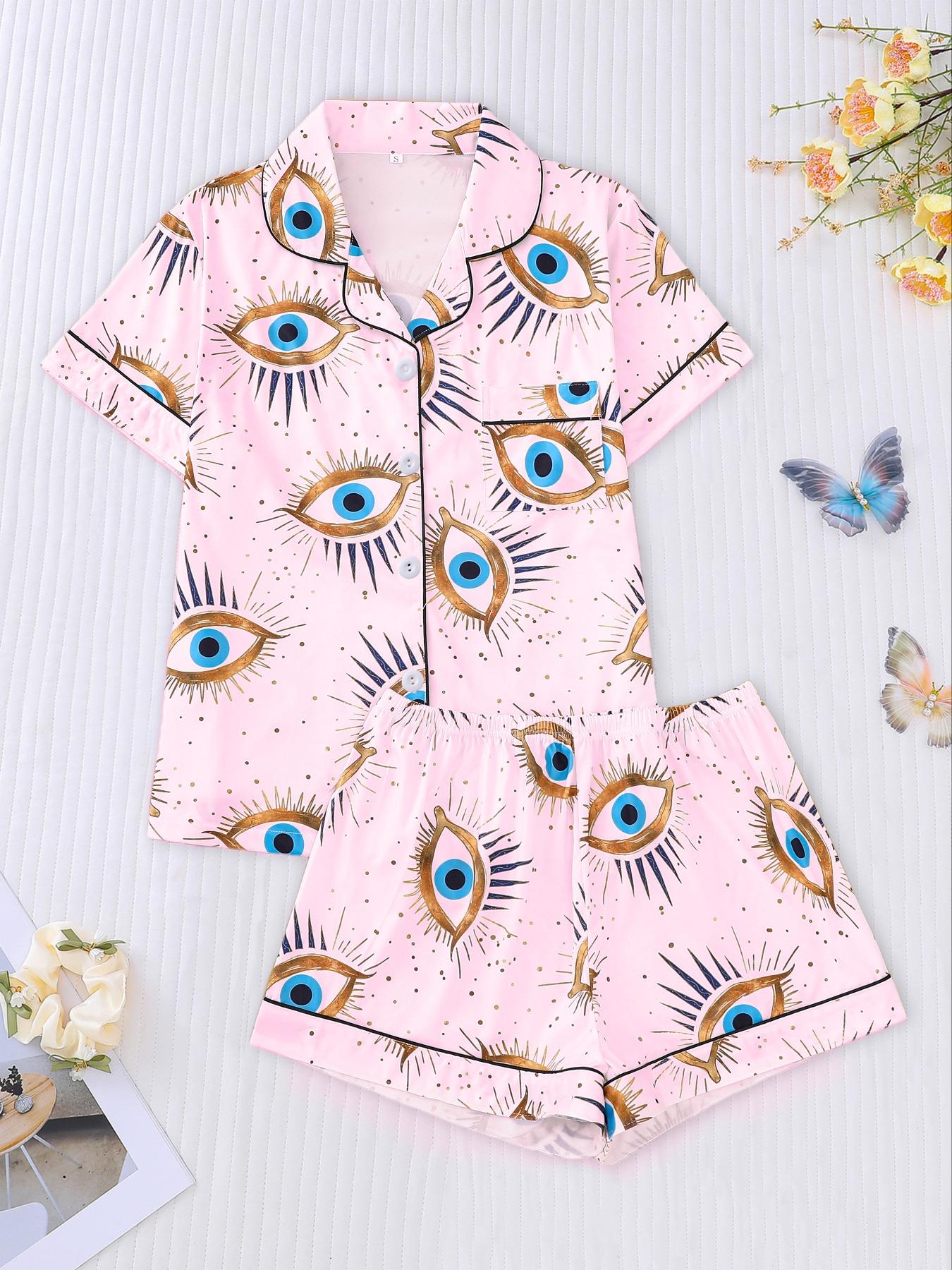 Two-piece Set Women's All Over Print Shirt & Elastic Waist Shorts Pajama, Casual Comfy Top & Shorts Pj Set, Ladies Sleepwear for All Seasons, Loungewear Set Women