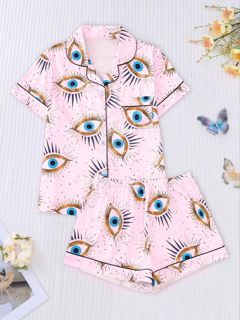 Two-piece Set Women's All Over Print Shirt & Elastic Waist Shorts Pajama, Casual Comfy Top & Shorts Pj Set, Ladies Sleepwear for All Seasons, Loungewear Set Women