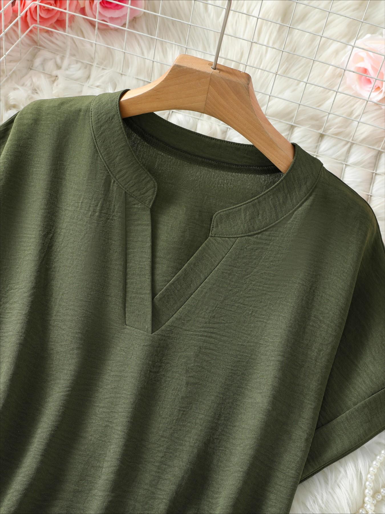 Women's Simple Vintage Solid Color V-Neck Short Sleeve Shirt, Blouse, Casual Ladies' Top, Stylish and Comfortable, Perfect for Daily Wear