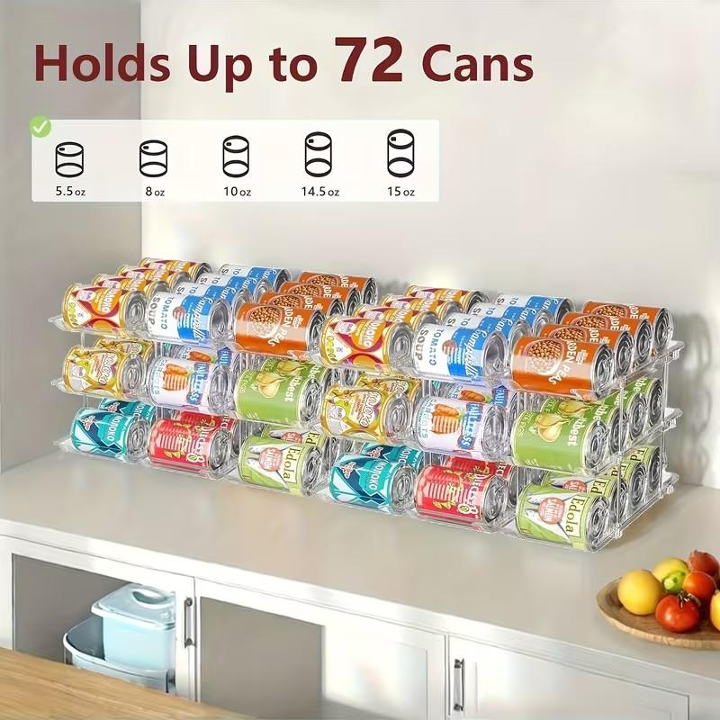 Large Capacity Can Organizing Rack for Food Storage, Transparent Plastic 2-Layer Rolling Soda Can Holder, Space Saving Food Organizer