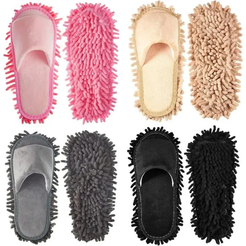 Single‑Pair Removable Microfiber Mop Slippers, Washable Dusting Floor Cleaning Shoes, Reusable Household Cleaning Slippers for Home Kitchen Office Black