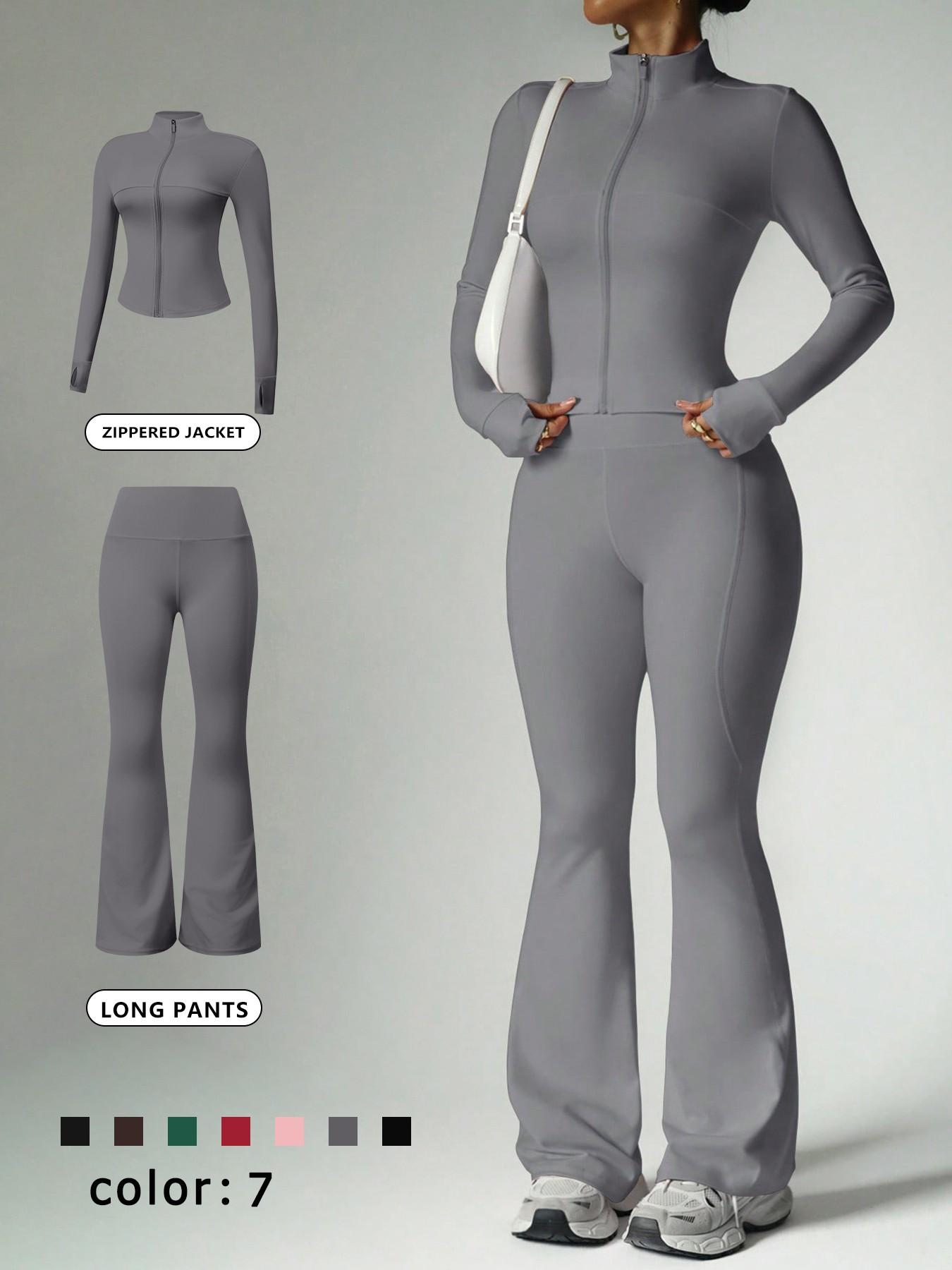 2 Piece Set Women's Loungewear Set Stand Collar Zip-Up Jacket & Wide Leg Flared Pants Comfortable High Stretch Slim Fit Suitable for Daily Outings Home Sports Travel Casual Fashion Coat Long Sleeve Pants Women's Pajama Set Outfit