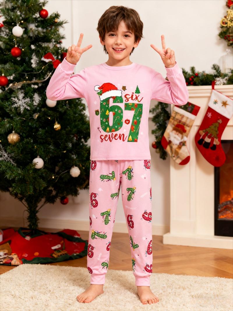 Kids' Christmas Santa Hat Print Pajama Set, Comfortable Soft Pajama Set For Holiday Gift Essential, Cartoon Print Pajama