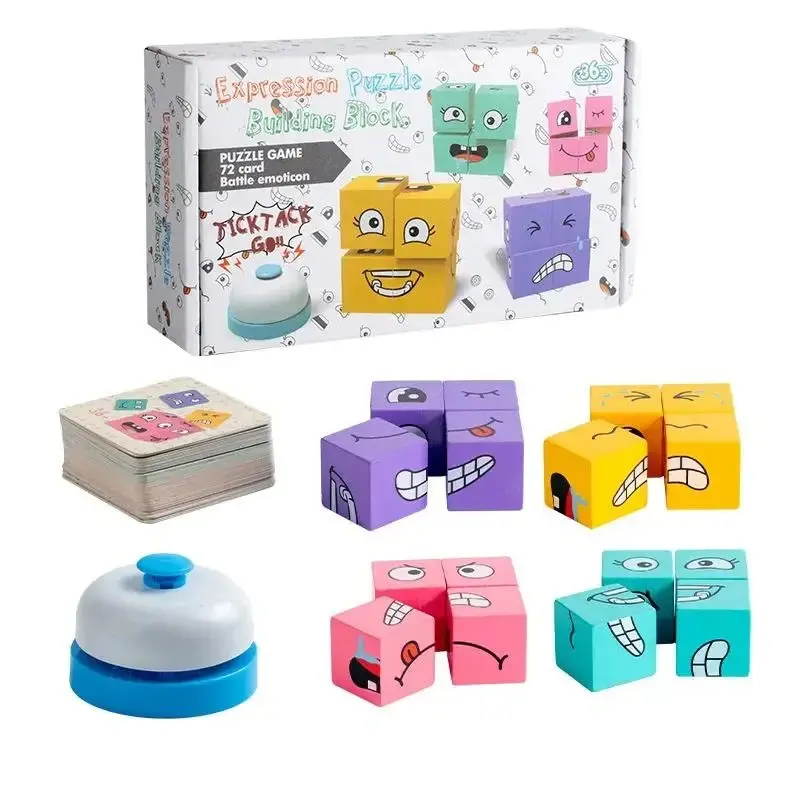 1pcs Wooden Block Stacking Toy with Expressions, Bell and Cards, Multiplayer Competitive Entertainment Game, Fun Kids Activity