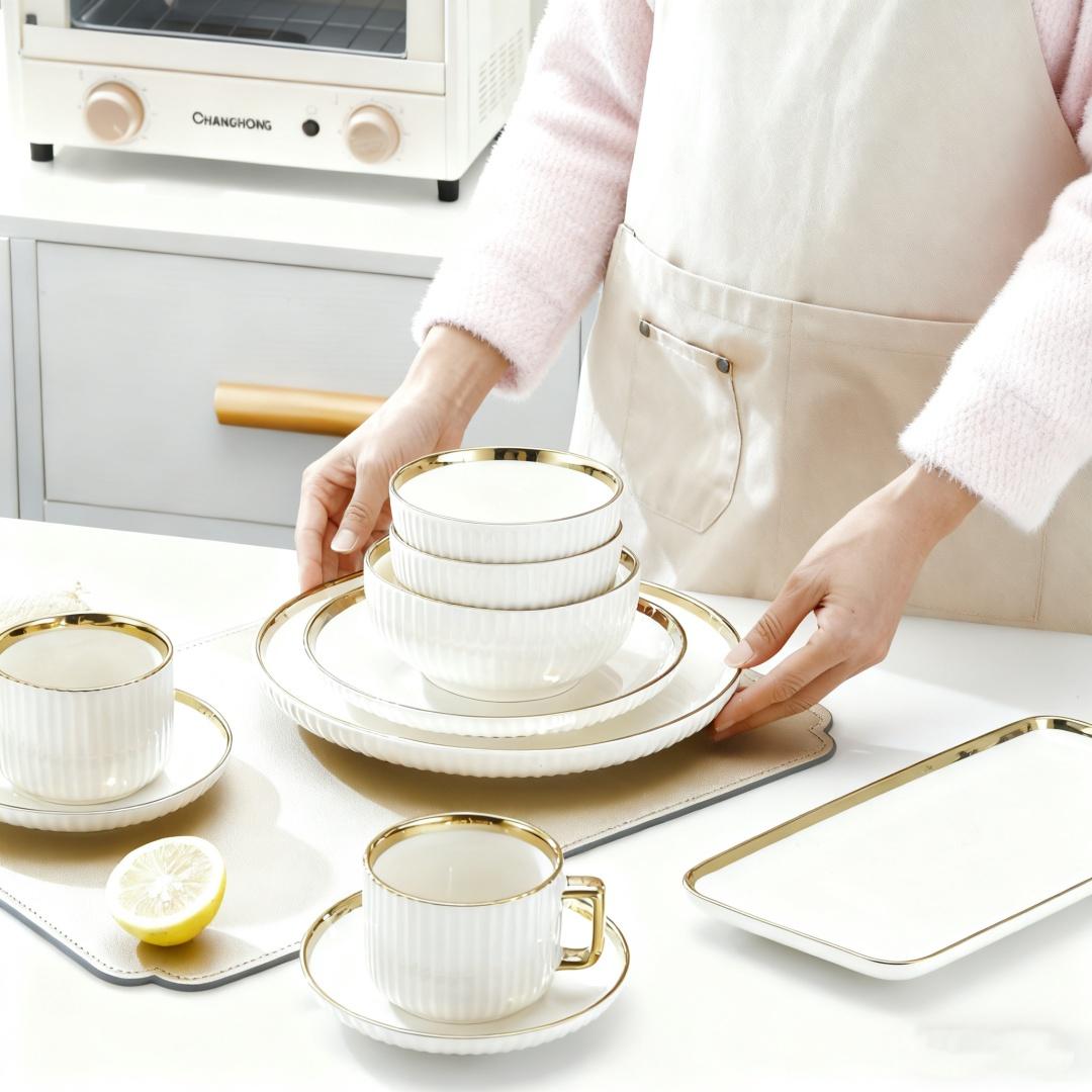 Multiple Ceramic Tableware Sets - Customize Your Own Combination, Vertical Stripes, Suitable for Multiple People, Dishwasher & Microwave Safe, Ceramic Dinnerware Set