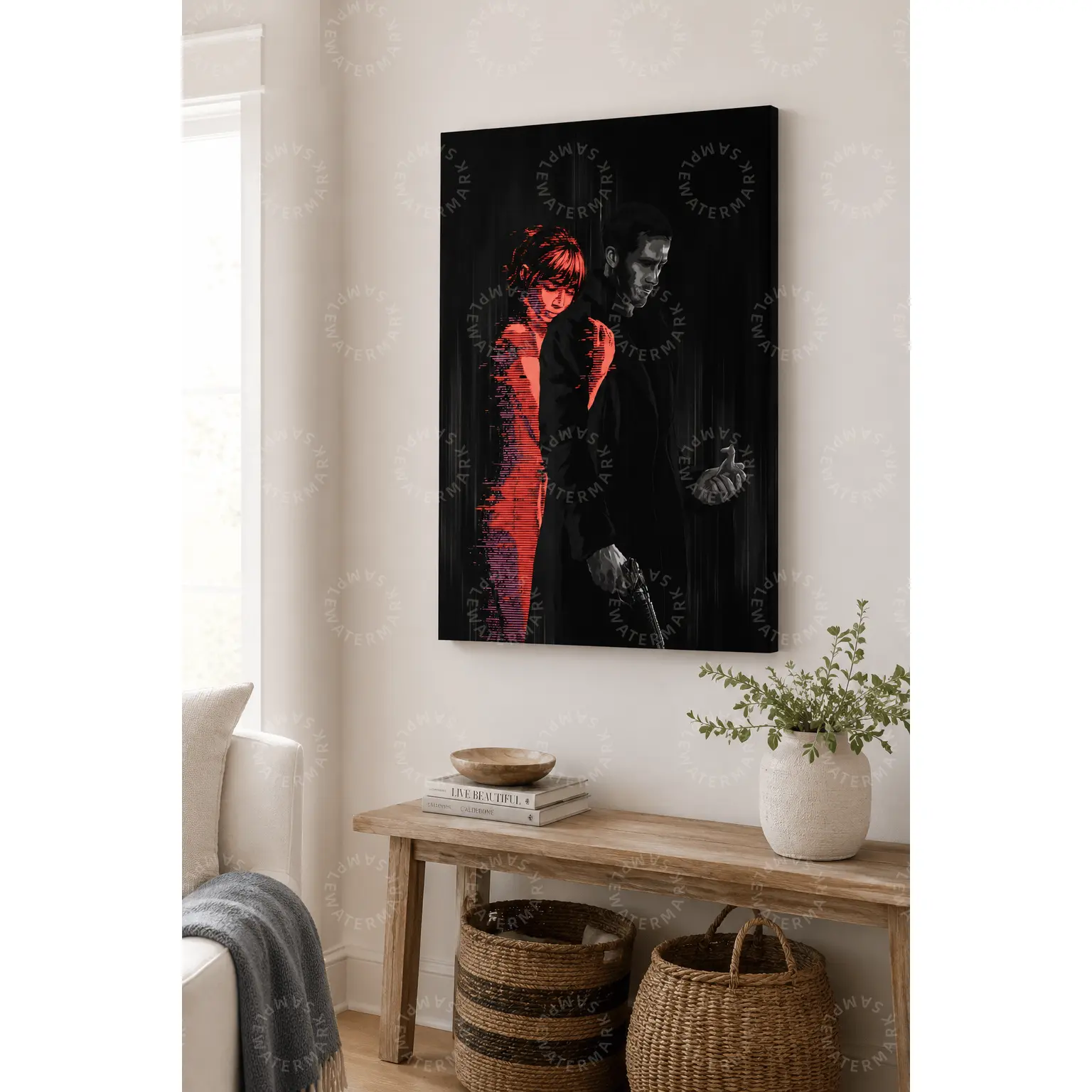 Dark Cyberpunk Couple Canvas Art, Red Glitch Woman and Shadow Man Poster, Futuristic Aesthetic Wall Decor, Bedroom Wall Art, Living Room Decor, Gaming Room Poster, Office Wall Art, Sci-Fi Gift