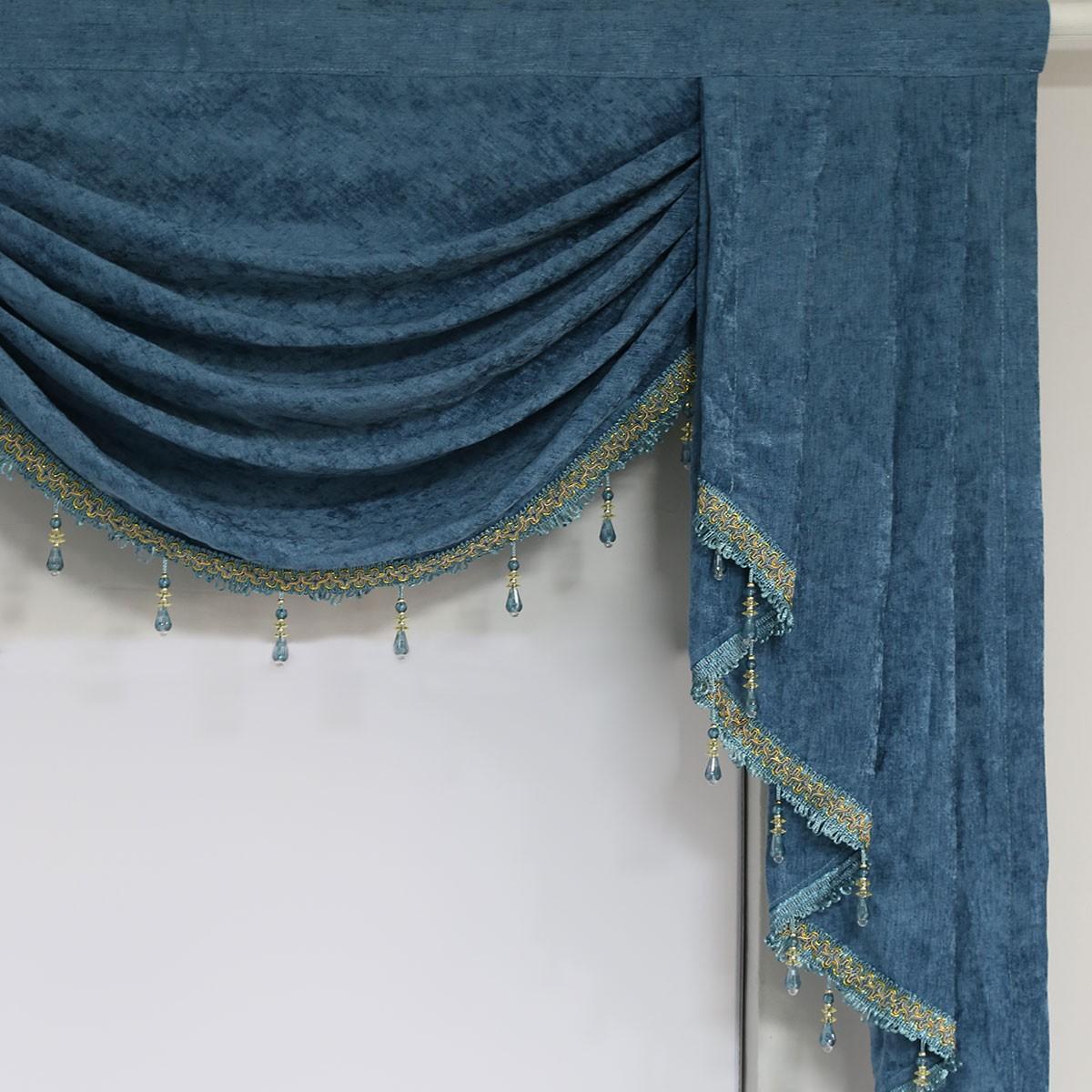 European Luxury Fog Blue Velvet Curtain Header, Customizable Floor-To-Ceiling Window Drapery, American Vintage Style Decorative Curtain